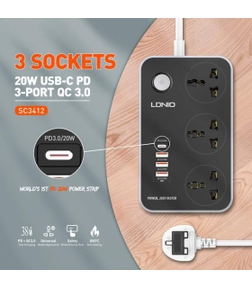 چندراهی برق و USB الدینیو با خروجی تایپ سی مدل LDNIO SC3412