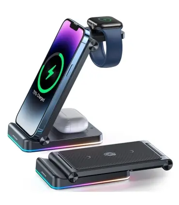 استند شارژر وایرلس جویروم مدل Joyroom Wireless Charging Station JR-WQN01| شارژ وایرلس استندی جویروم مدل JR-WQN01 حداکثر توان خروجی 15 وات برای گوشی، 2.5 وات اپل واچ و 3 یا 5 وات برای هندزفری شارژر وایرلس گوشی، اپل واچ و هندزفری نورپردازی RGB ساخت شرکت معروف جویروم 