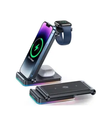 استند شارژر وایرلس جویروم مدل Joyroom Wireless Charging Station JR-WQN01| شارژ وایرلس استندی جویروم مدل JR-WQN01 حداکثر توان خروجی 15 وات برای گوشی، 2.5 وات اپل واچ و 3 یا 5 وات برای هندزفری شارژر وایرلس گوشی، اپل واچ و هندزفری نورپردازی RGB ساخت شرکت معروف جویروم 