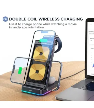 استند شارژر وایرلس جویروم مدل Joyroom Wireless Charging Station JR-WQN01| شارژ وایرلس استندی جویروم مدل JR-WQN01 حداکثر توان خروجی 15 وات برای گوشی، 2.5 وات اپل واچ و 3 یا 5 وات برای هندزفری شارژر وایرلس گوشی، اپل واچ و هندزفری نورپردازی RGB ساخت شرکت معروف جویروم 
