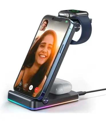 استند شارژر وایرلس جویروم مدل Joyroom Wireless Charging Station JR-WQN01| شارژ وایرلس استندی جویروم مدل JR-WQN01 حداکثر توان خروجی 15 وات برای گوشی، 2.5 وات اپل واچ و 3 یا 5 وات برای هندزفری شارژر وایرلس گوشی، اپل واچ و هندزفری نورپردازی RGB ساخت شرکت معروف جویروم 