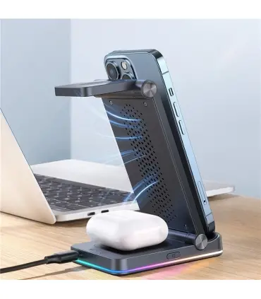 استند شارژر وایرلس جویروم مدل Joyroom Wireless Charging Station JR-WQN01| شارژ وایرلس استندی جویروم مدل JR-WQN01 حداکثر توان خروجی 15 وات برای گوشی، 2.5 وات اپل واچ و 3 یا 5 وات برای هندزفری شارژر وایرلس گوشی، اپل واچ و هندزفری نورپردازی RGB ساخت شرکت معروف جویروم 