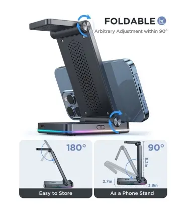 استند شارژر وایرلس جویروم مدل Joyroom Wireless Charging Station JR-WQN01| شارژ وایرلس استندی جویروم مدل JR-WQN01 حداکثر توان خروجی 15 وات برای گوشی، 2.5 وات اپل واچ و 3 یا 5 وات برای هندزفری شارژر وایرلس گوشی، اپل واچ و هندزفری نورپردازی RGB ساخت شرکت معروف جویروم 