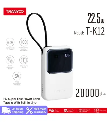 پاوربانک 20 هزار میلی امپر ترانیو مدل Power Bank Tranyoo T-K12| پاوربانک  دار برند ترانیو مدل T-K12 20 هزار میلی امپر 22.0 وات رنگ بندی زیبا و خاص ساخته شده برند معتبر ترانیو 