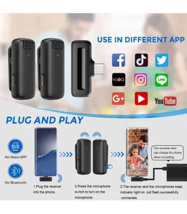 میکروفون بی سیم 2 عددی مخصوص ایفون Pack 2 Wireless Microphones with for iPhone| میکروفون بی سیم 2 عددی مخصوص ایفون Pack 2 Wireless Microphones with Charging Case for iPhoneمناسب ایفون 2 عدد فرستنده (میکروفون) 1عدد گیرنده همراه کیس محافظ کیفیت خوب دارای نویز کنسلینگ 
