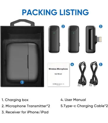 میکروفون بی سیم 2 عددی مخصوص ایفون Pack 2 Wireless Microphones with for iPhone| میکروفون بی سیم 2 عددی مخصوص ایفون Pack 2 Wireless Microphones with Charging Case for iPhoneمناسب ایفون 2 عدد فرستنده (میکروفون) 1عدد گیرنده همراه کیس محافظ کیفیت خوب دارای نویز کنسلینگ 