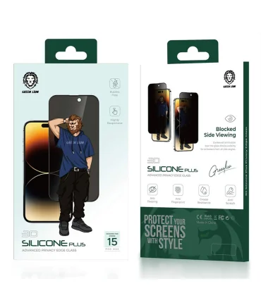 گلس پرايوسي گرین لاین سیلیکون ایفون 15 پرومکس Green Lion 3D Silicone Plus Privacy Glass iPhone 15 Pro Max